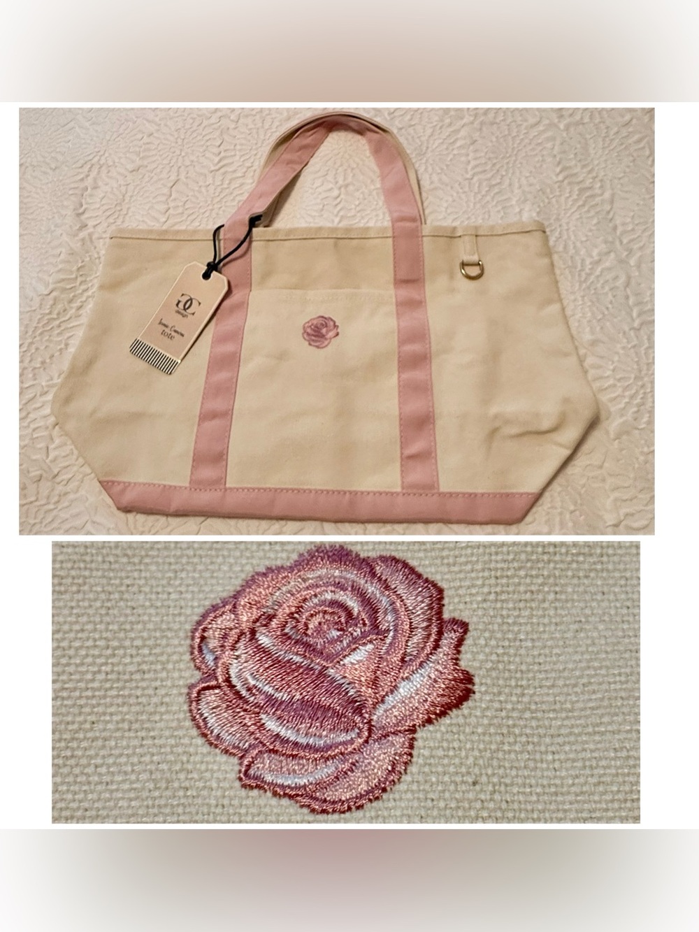 Tote bag- GC Design - white pink w/embroidered rose.  NEW w/tags. 11x18x6.5"
